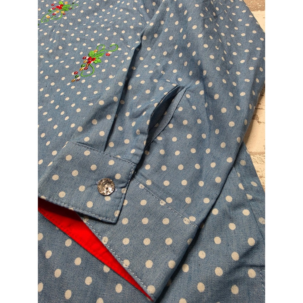 Jack B. Quick Holiday Santa Sequin Polka Dot Button Down Shirt Blue Women Large - Picture 9 of 11